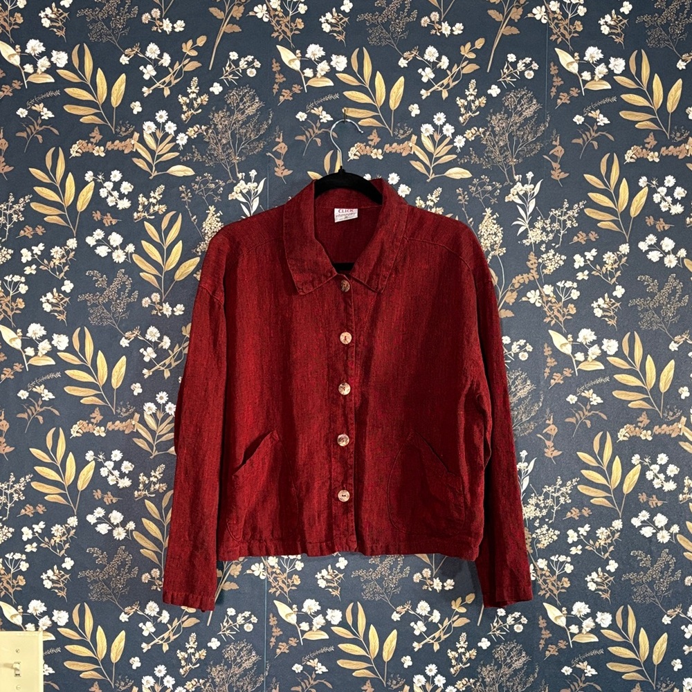 Click by Color Me Cotton Summer Red Button-Up Jacket 100% Linen Size M